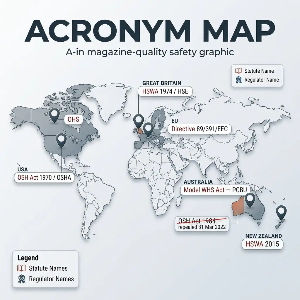 World map showing occupational health and safety legislation by region: USA OSH Act 1970, Canada OHS, Great Britain HSWA 1974, EU Directive 89/391/EEC, Australia Model WHS Act, and New Zealand HSWA 2015.