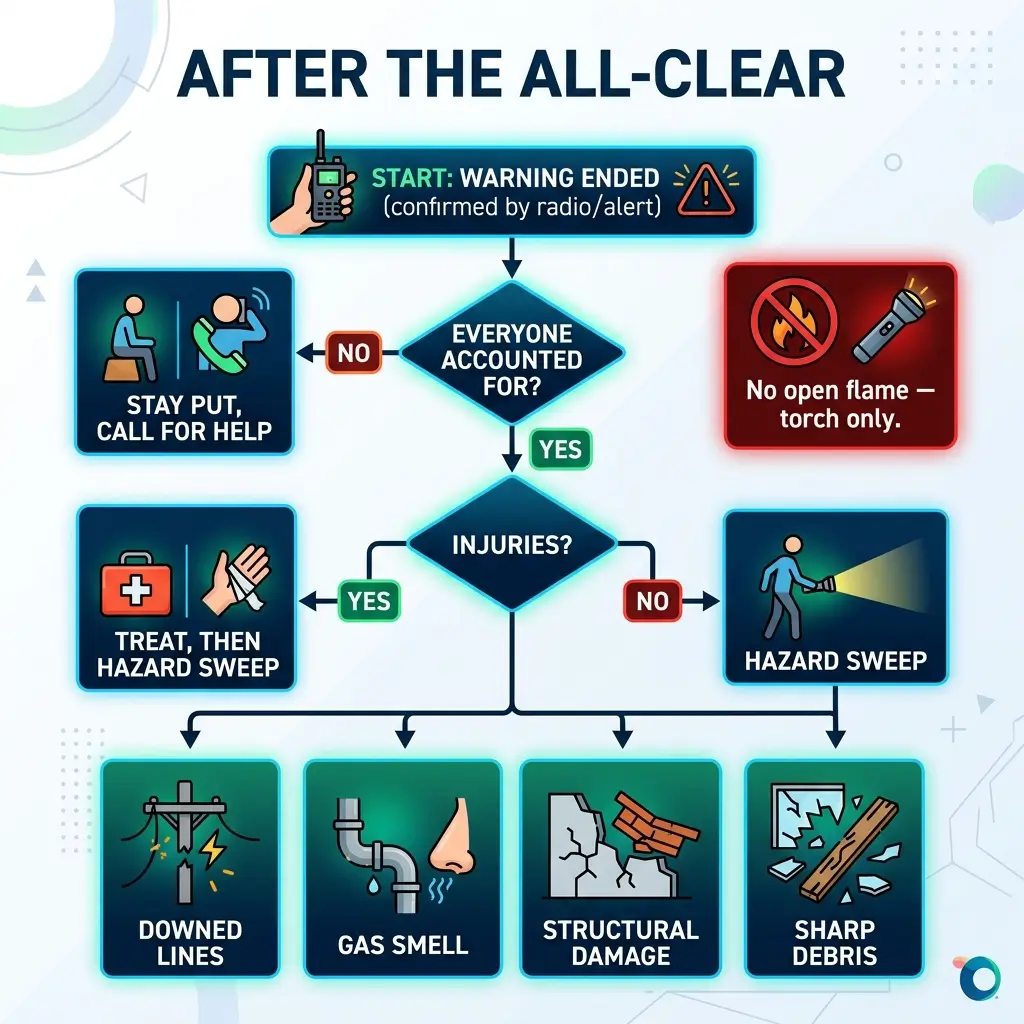 Flowchart showing emergency response procedures after an all-clear warning ends, including steps for accounting for people, treating injuries, and identifying hazards like downed lines, gas leaks, structural damage, and sharp debris.