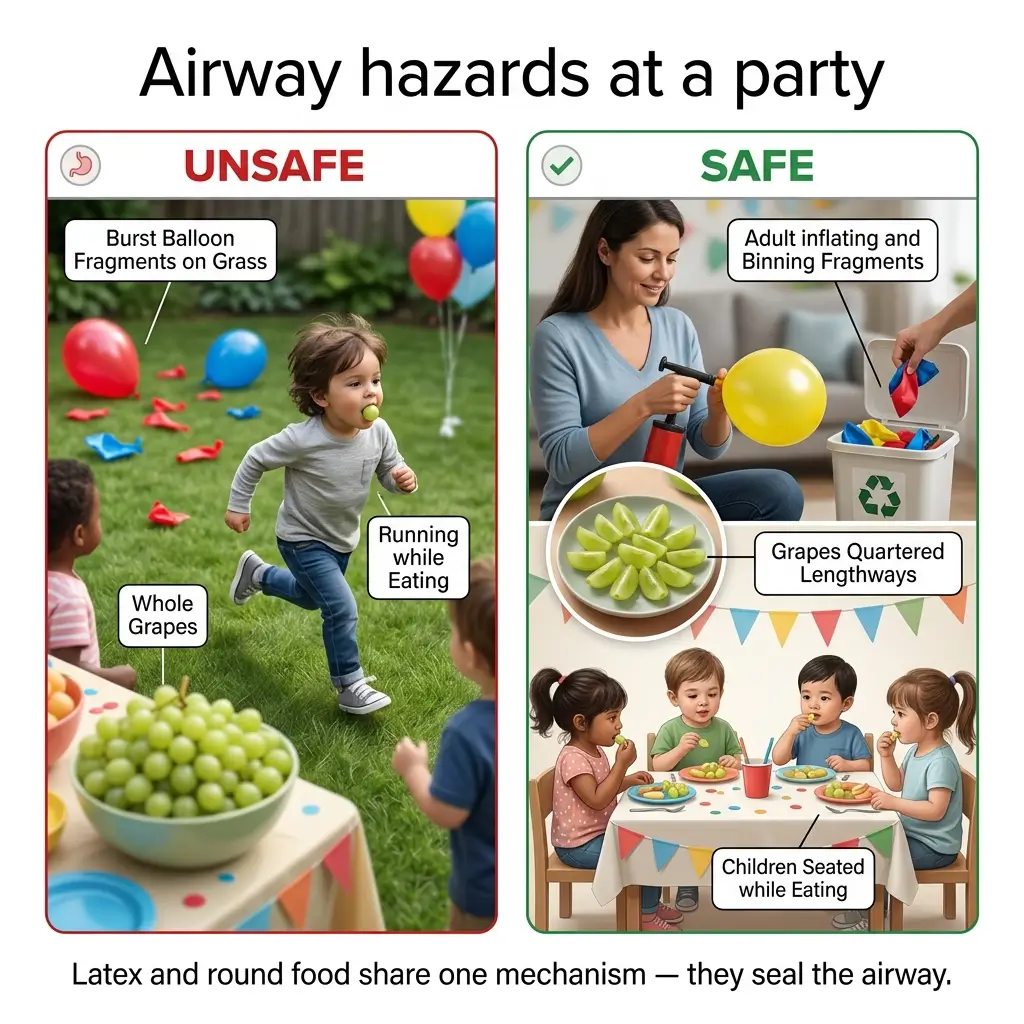Infographic comparing unsafe and safe practices for children's airway safety at parties, showing hazards like whole grapes and balloon fragments versus safe alternatives like quartered grapes and supervised eating.
