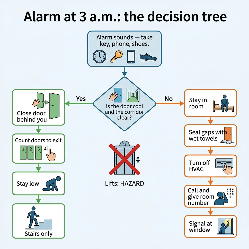 Decision tree flowchart for 3 a.m. fire alarm response, showing two paths: exit via stairs if corridor is clear, or shelter in place with sealing and signaling if trapped.