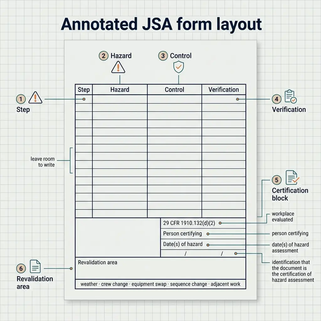 Annotated diagram of a JSA form layout showing six key components: Step identifier, Hazard column, Control column, Verification section, Certification block with regulatory reference, and Revalidation area for workplace changes.