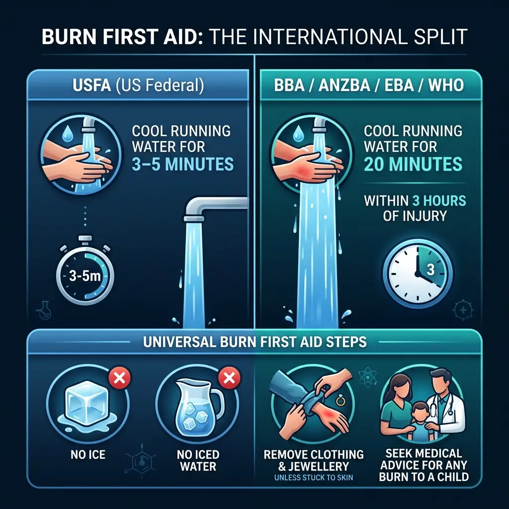 Infographic comparing USFA and international burn first aid guidelines, showing cooling water duration differences and universal steps including avoiding ice, removing clothing, and seeking medical care.
