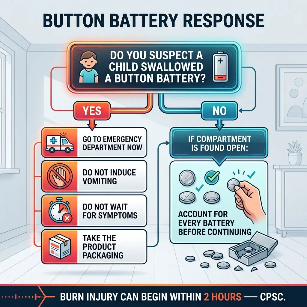 Flowchart showing emergency response steps for suspected button battery ingestion in children, with YES path leading to emergency care instructions and NO path for checking battery compartments.