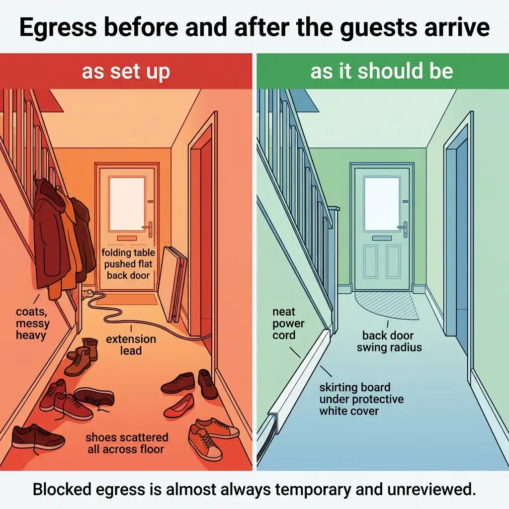 Comparison diagram showing an entryway cluttered with coats, shoes, and cables versus the same space organized with protected floors and clear pathways for guests.