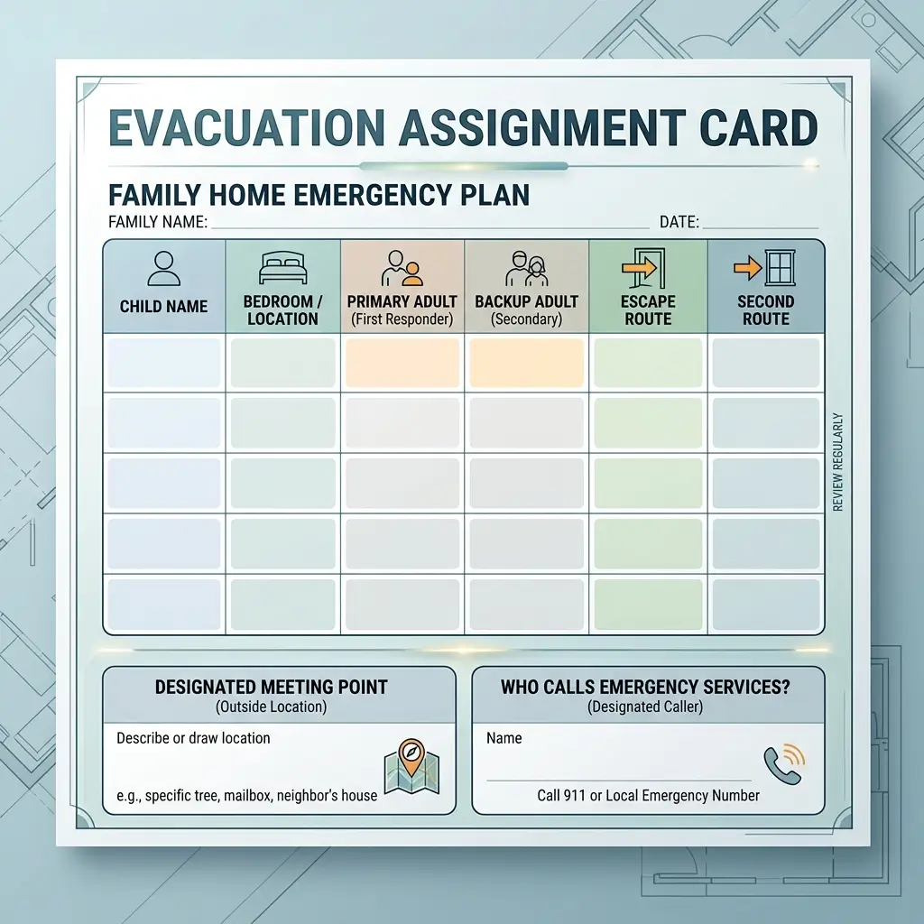 Printable evacuation assignment card for family home emergency planning, featuring columns for child names, bedroom locations, adult responders, escape routes, and designated meeting points with emergency contact information.