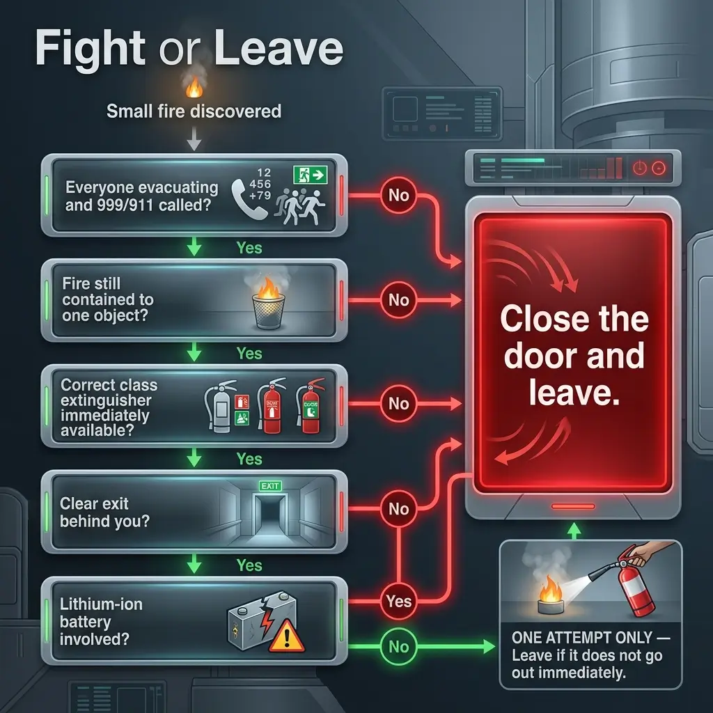 Flowchart decision tree for fire safety response, guiding whether to fight a small fire or evacuate, with yes/no branches leading to actions like calling emergency services or using an extinguisher.