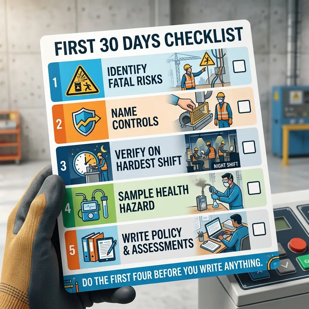 A laminated safety checklist card held by a gloved hand displays five onboarding tasks for the first 30 days, including identifying fatal risks, naming controls, verifying on hardest shift, sampling health hazards, and writing policies and assessments.
