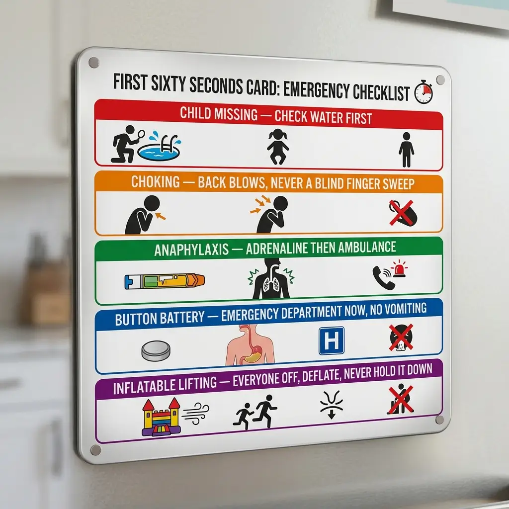 Emergency checklist poster displaying first aid procedures for six common pediatric emergencies including drowning, choking, anaphylaxis, button battery ingestion, inflatable lift accidents, with icons and color-coded sections mounted on a wall.