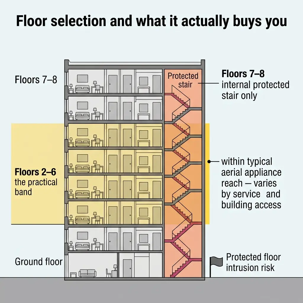 Cross-section diagram of a multi-story residential building showing floor selection strategy, highlighting floors 2-6 as the practical band with aerial appliance reach, floors 7-8 as internal protected stair only, and ground floor with protected intrusion risk marked in orange.