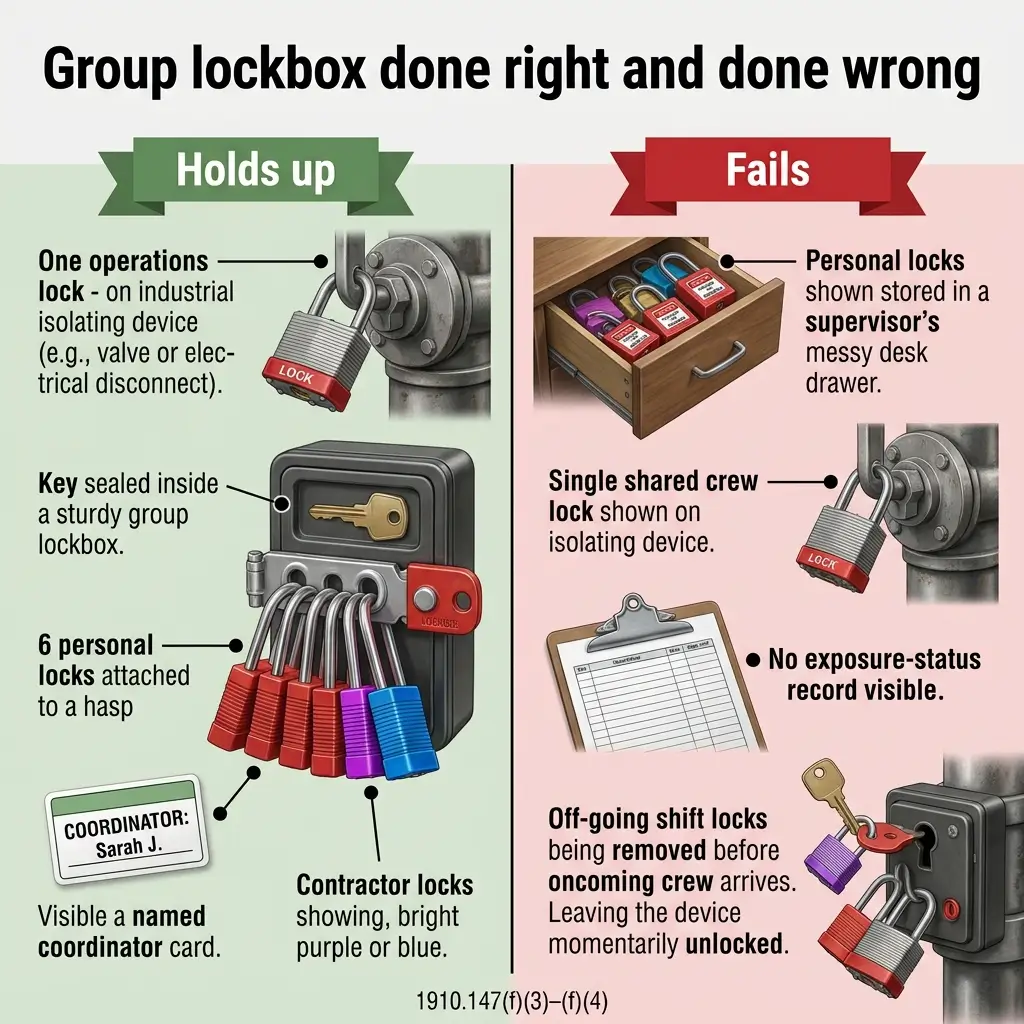 Infographic comparing proper and improper group lockbox procedures for industrial safety, showing correct lockout practices versus common failures in equipment isolation protocols.