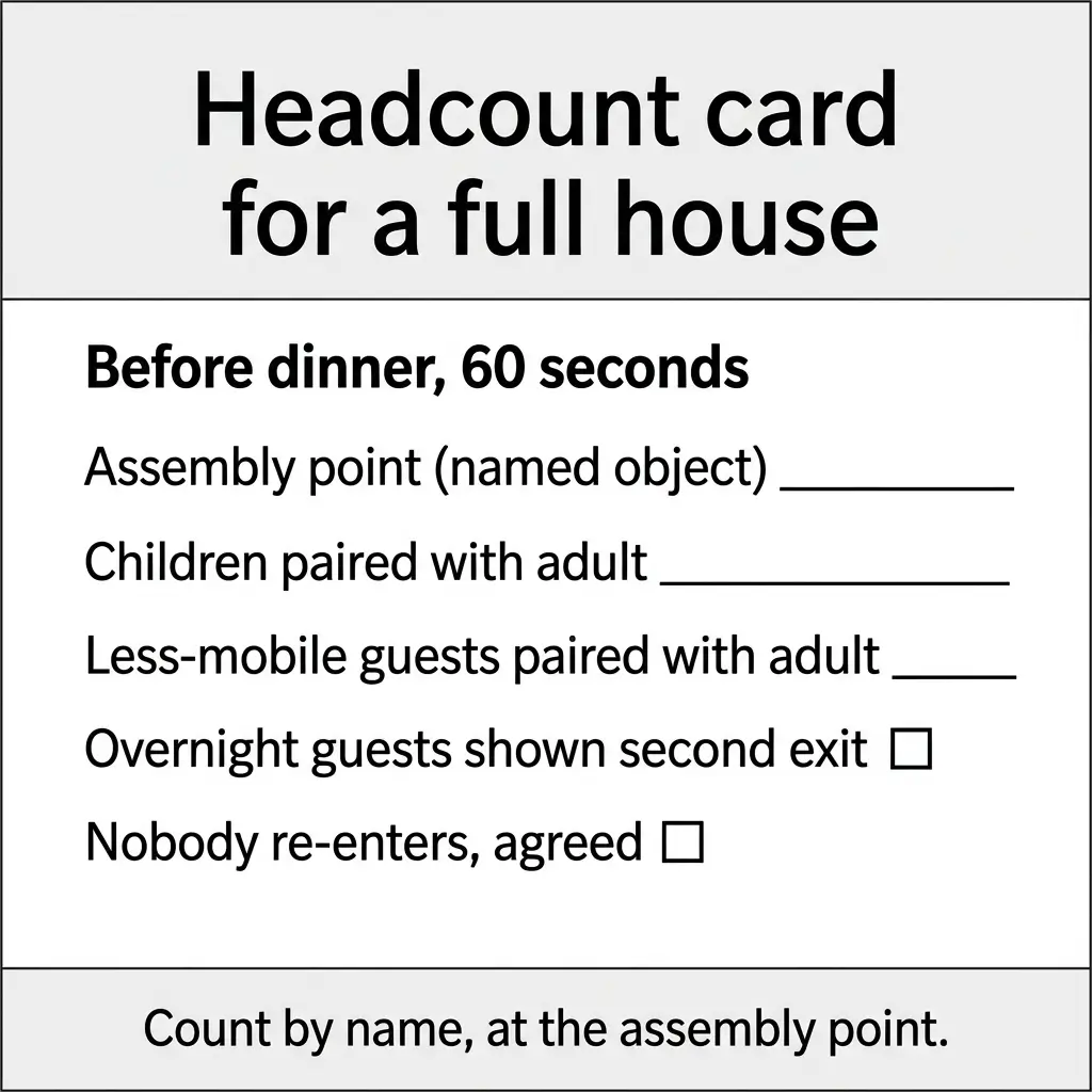 Headcount card template for full house emergency evacuation procedures, listing assembly point, pairing instructions for children and less-mobile guests, overnight guest exits, and re-entry restrictions with checkboxes.