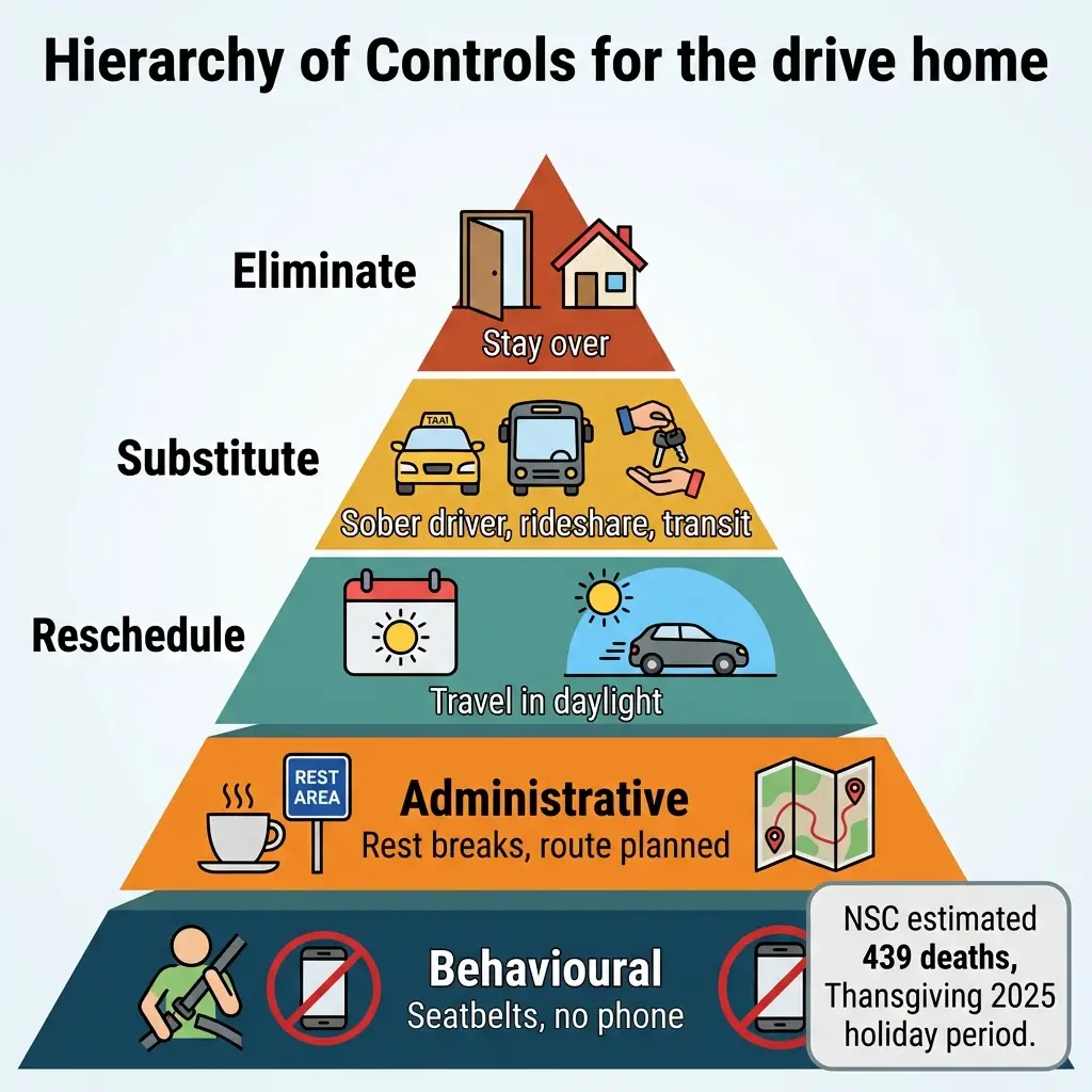 Pyramid diagram showing hierarchy of controls for safe driving home, from behavioral practices at base through administrative, rescheduling, substitute, and elimination strategies at top, with NSC safety statistics.