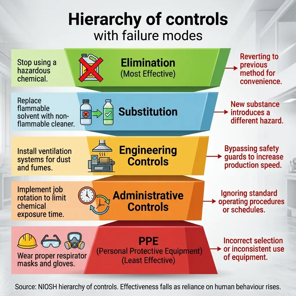 Hierarchy of controls pyramid showing five levels from most to least effective: elimination, substitution, engineering controls, administrative controls, and PPE, with examples and failure modes for each.