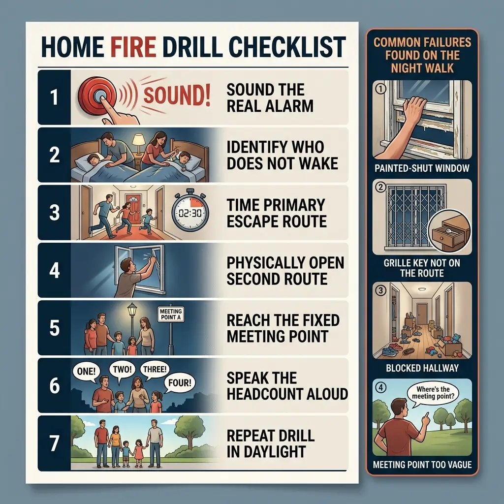 Home fire drill checklist showing seven numbered steps from sounding the alarm to repeating the drill in daylight, plus a sidebar highlighting four common evacuation failures like painted-shut windows and blocked hallways.