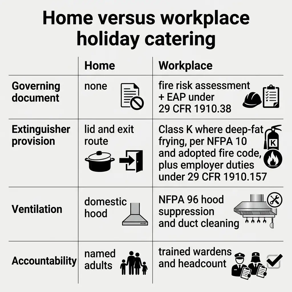 Comparison table showing fire safety and catering requirements for home versus workplace holiday events, including governing documents, extinguisher provisions, ventilation, and accountability measures.