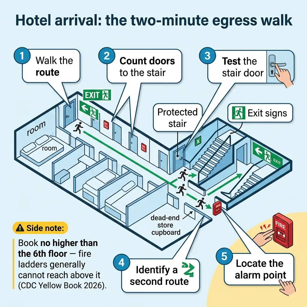 Infographic showing five steps for a hotel egress walk: walking the route, counting doors to stairs, testing the stair door, identifying a second route, and locating the fire alarm point, with a note about booking no higher than the sixth floor.