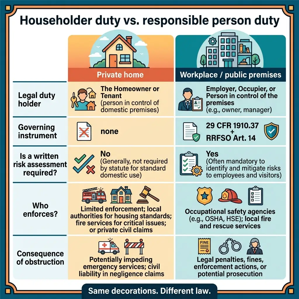 Comparison chart showing differences between householder duty and responsible person duty in private homes versus workplaces, including legal requirements, governing instruments, risk assessments, enforcement, and obstruction consequences.