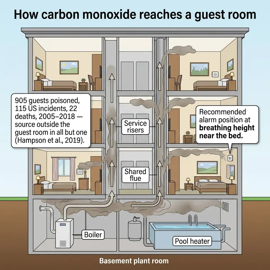 Cross-section diagram showing how carbon monoxide from a basement boiler and pool heater travels through service risers and shared flues to reach guest rooms in a multi-story building, with statistics on poisoning incidents and safety recommendations.