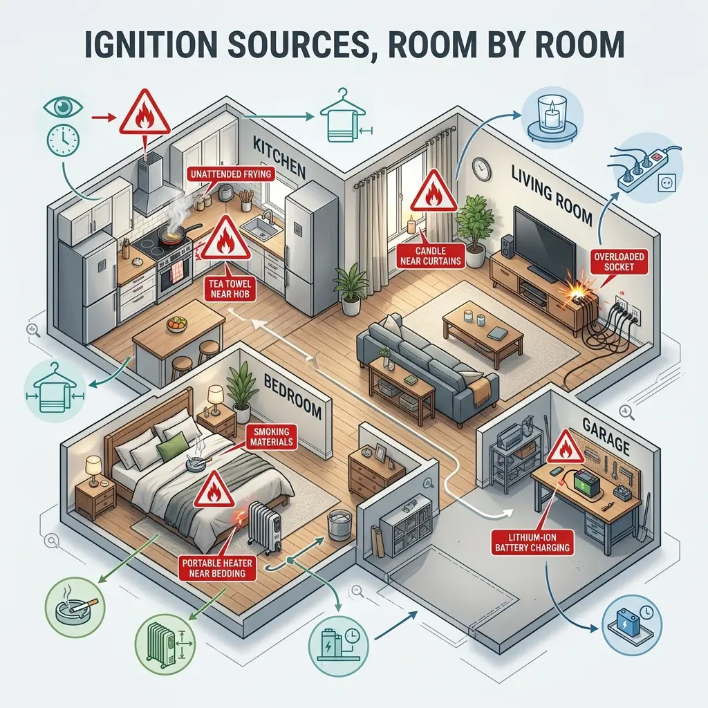 Isometric diagram illustrating common household fire hazards in kitchen, living room, bedroom, and garage, with labeled ignition sources including unattended cooking, candles, overloaded sockets, and portable heaters.