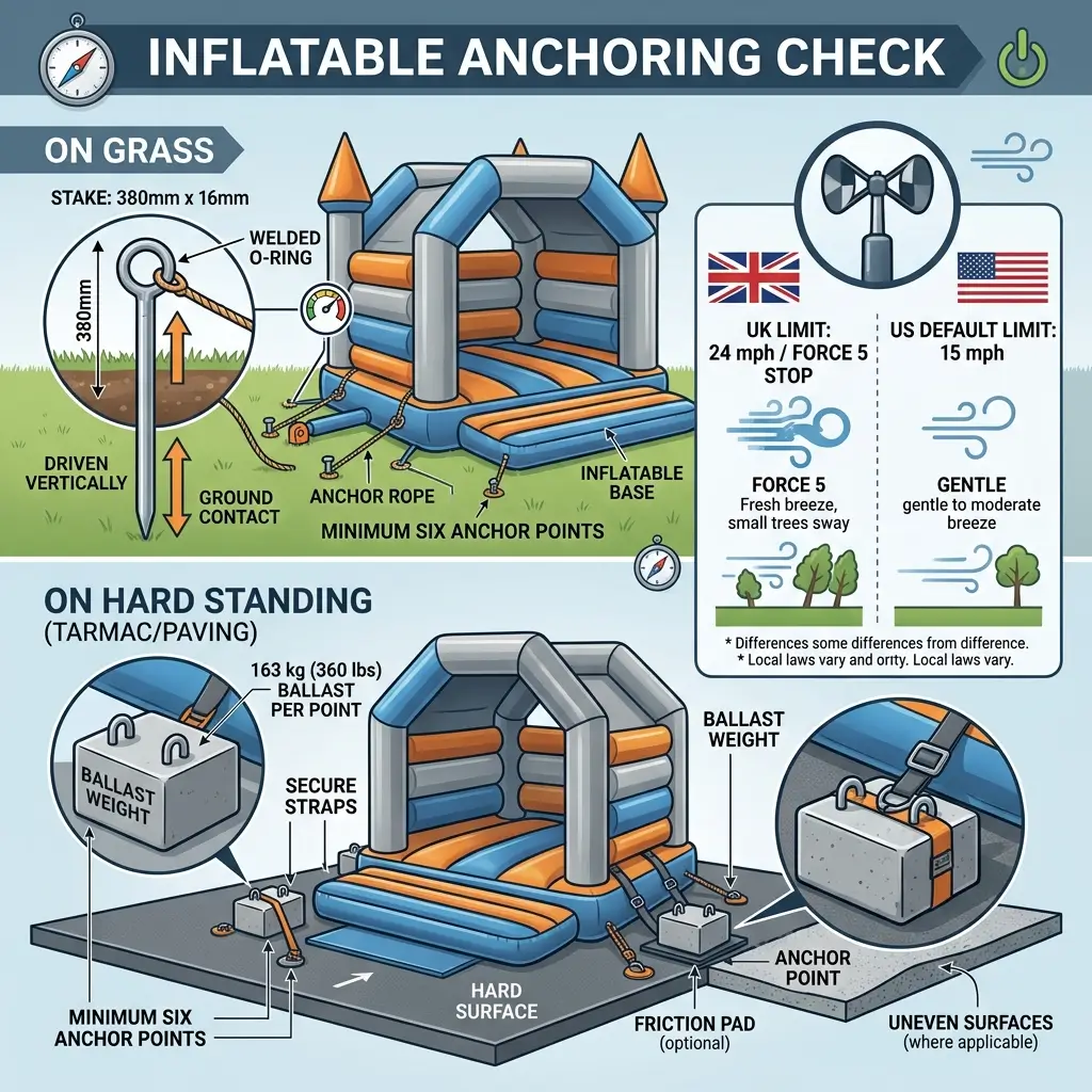 Technical diagram showing inflatable bounce house anchoring safety requirements on grass and hard surfaces, including stake specifications, wind speed limits, and ballast weight guidelines for secure installation.