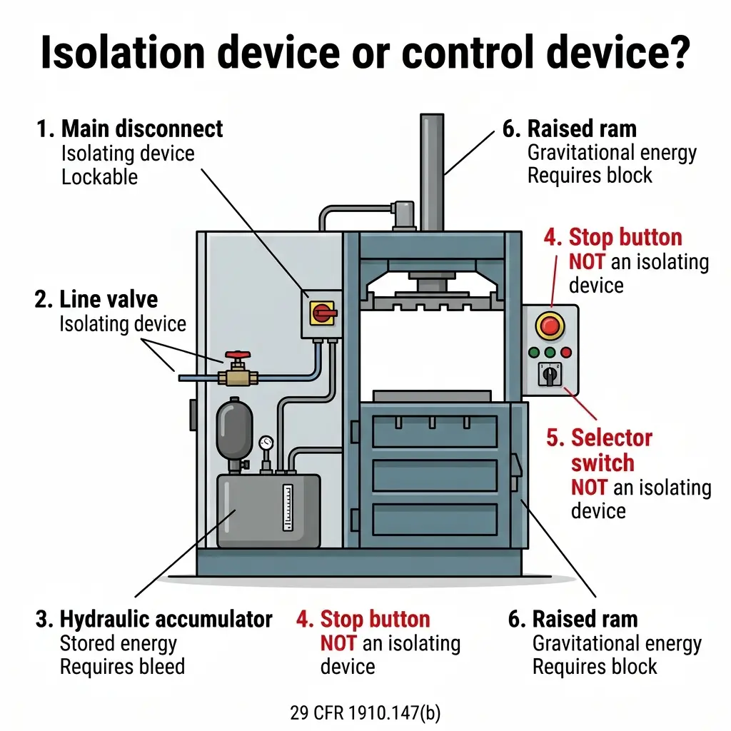 Diagram showing industrial press machine components labeled as isolation devices or control devices, including main disconnect, line valve, hydraulic accumulator, stop button, selector switch, and raised ram, per 29 CFR 1910.147(b).