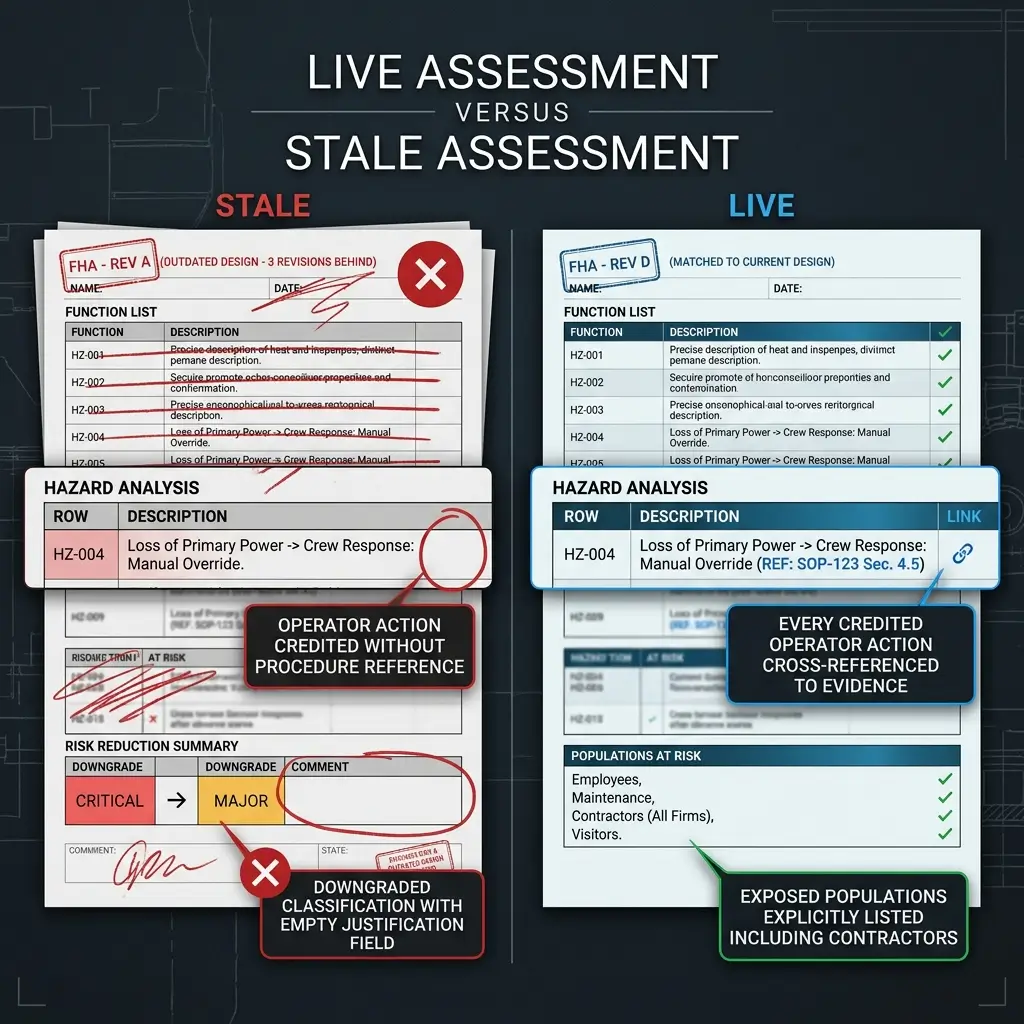 Comparison infographic showing differences between stale assessment with outdated design and red X marks versus live assessment with current design and green checkmarks, highlighting procedure references and risk management improvements.