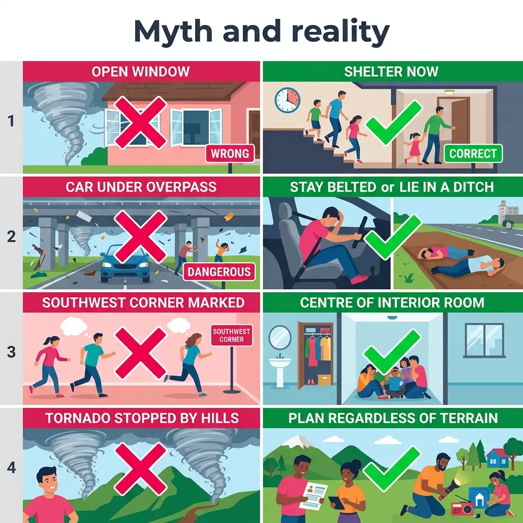 Infographic comparing tornado safety myths and facts, showing four common misconceptions with correct safety procedures including sheltering indoors, staying belted in vehicles, and planning regardless of terrain.