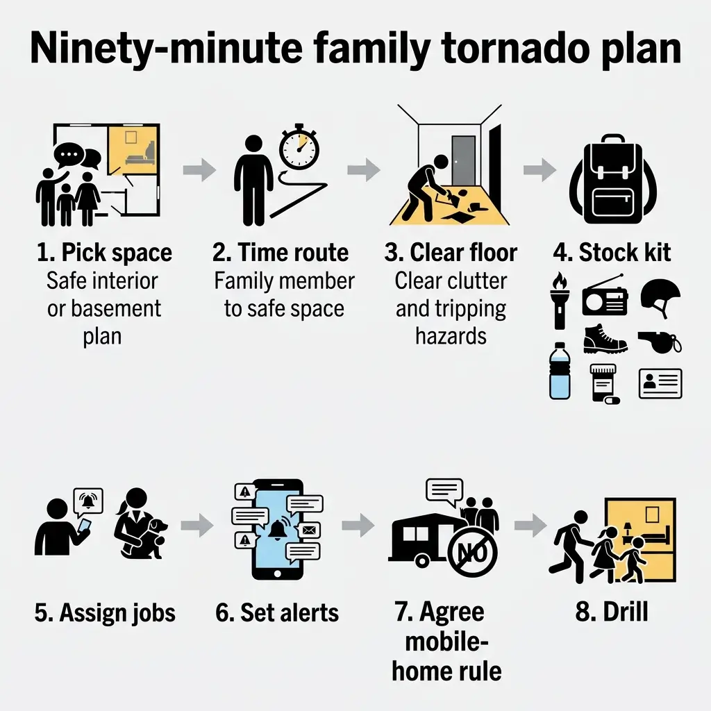 Infographic showing eight steps for a family tornado preparedness plan: selecting a safe space, timing escape routes, clearing hazards, stocking emergency supplies, assigning responsibilities, setting up alerts, establishing shelter rules, and conducting drills.
