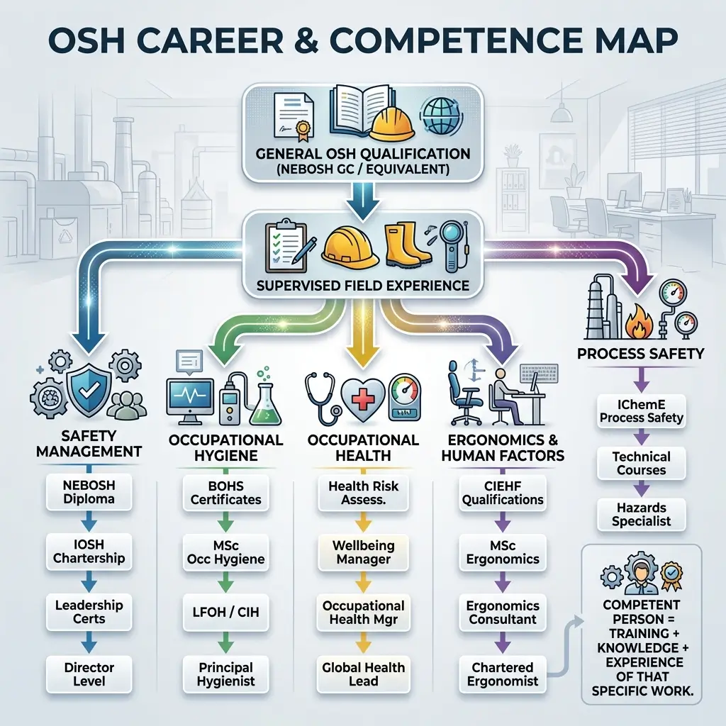 Flowchart showing OSH career progression pathways from NEBOSH qualification through supervised field experience to four specialization tracks: Safety Management, Occupational Hygiene, Occupational Health, and Ergonomics, each leading to advanced certifications and senior roles.