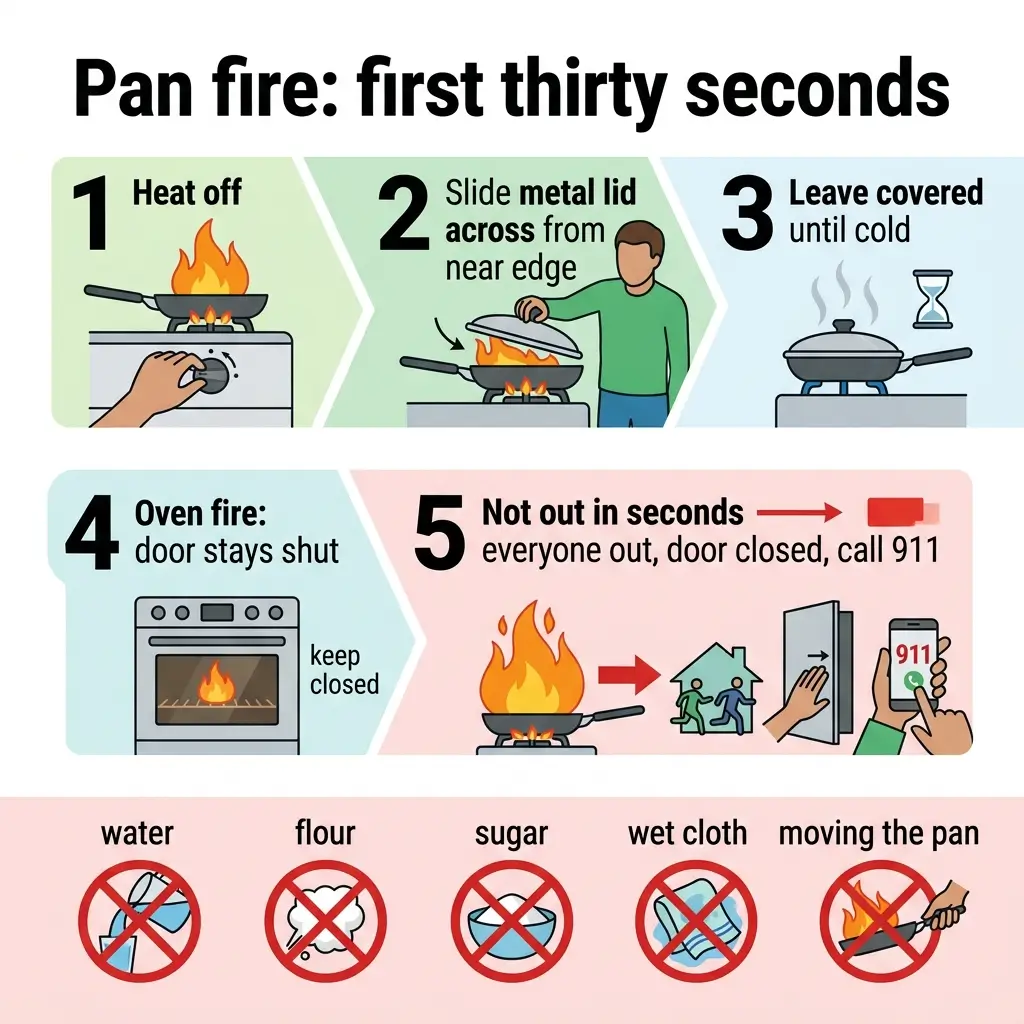 Infographic showing steps to safely extinguish a pan fire in the first thirty seconds, including turning off heat, sliding a metal lid across, and leaving it covered, plus what not to do and when to call emergency services.