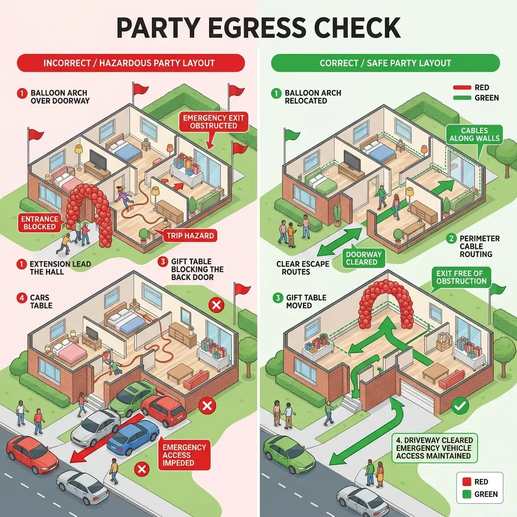 Infographic comparing incorrect and correct party layouts, highlighting safety hazards like blocked exits and trip hazards versus safe configurations with clear escape routes and accessible emergency access.