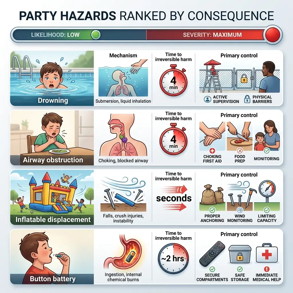 Infographic ranking five party hazards by severity: drowning, airway obstruction, inflatable displacement, and button battery ingestion, with mechanisms, time to harm, and control measures for each.