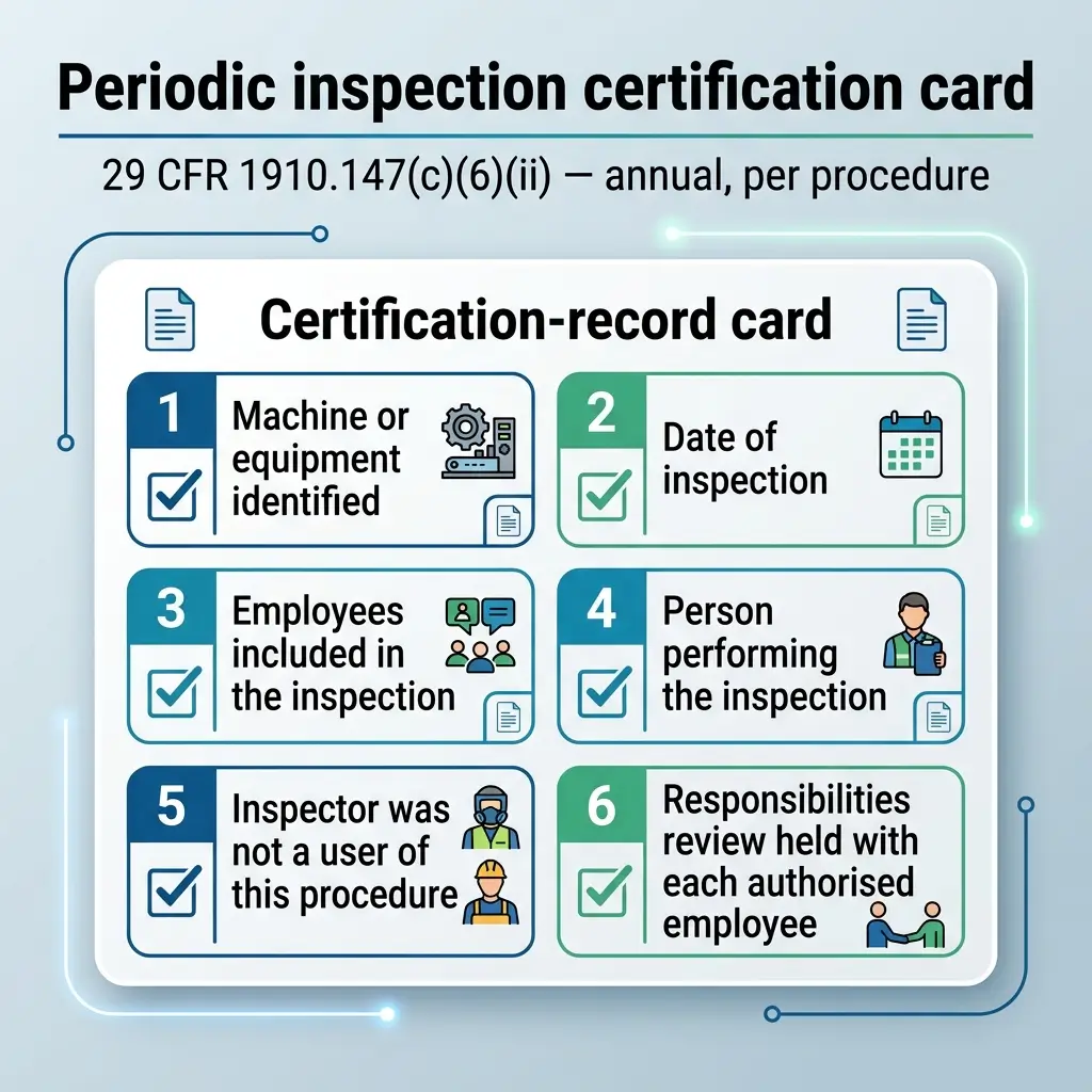 Infographic showing six key requirements for a periodic inspection certification card under 29 CFR 1910.147(c)(6)(ii), including machine identification, inspection date, employees involved, inspector details, and responsibilities review.