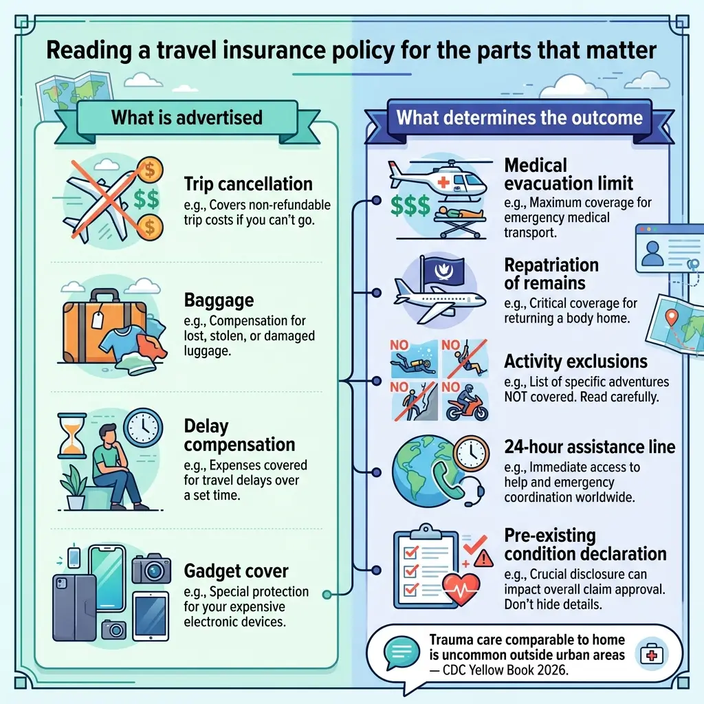 Infographic comparing advertised travel insurance coverage like trip cancellation and baggage with key outcome factors including medical evacuation limits, repatriation, and activity exclusions to consider when choosing a policy.