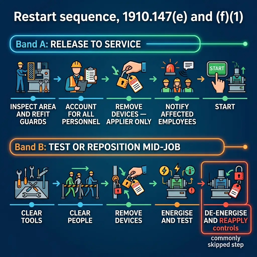Flowchart showing restart sequence 1910.147(e) and (f)(1) with two bands: Band A covers release to service steps from inspection through startup, and Band B details test or reposition mid-job procedures ending with de-energize and reapply controls.