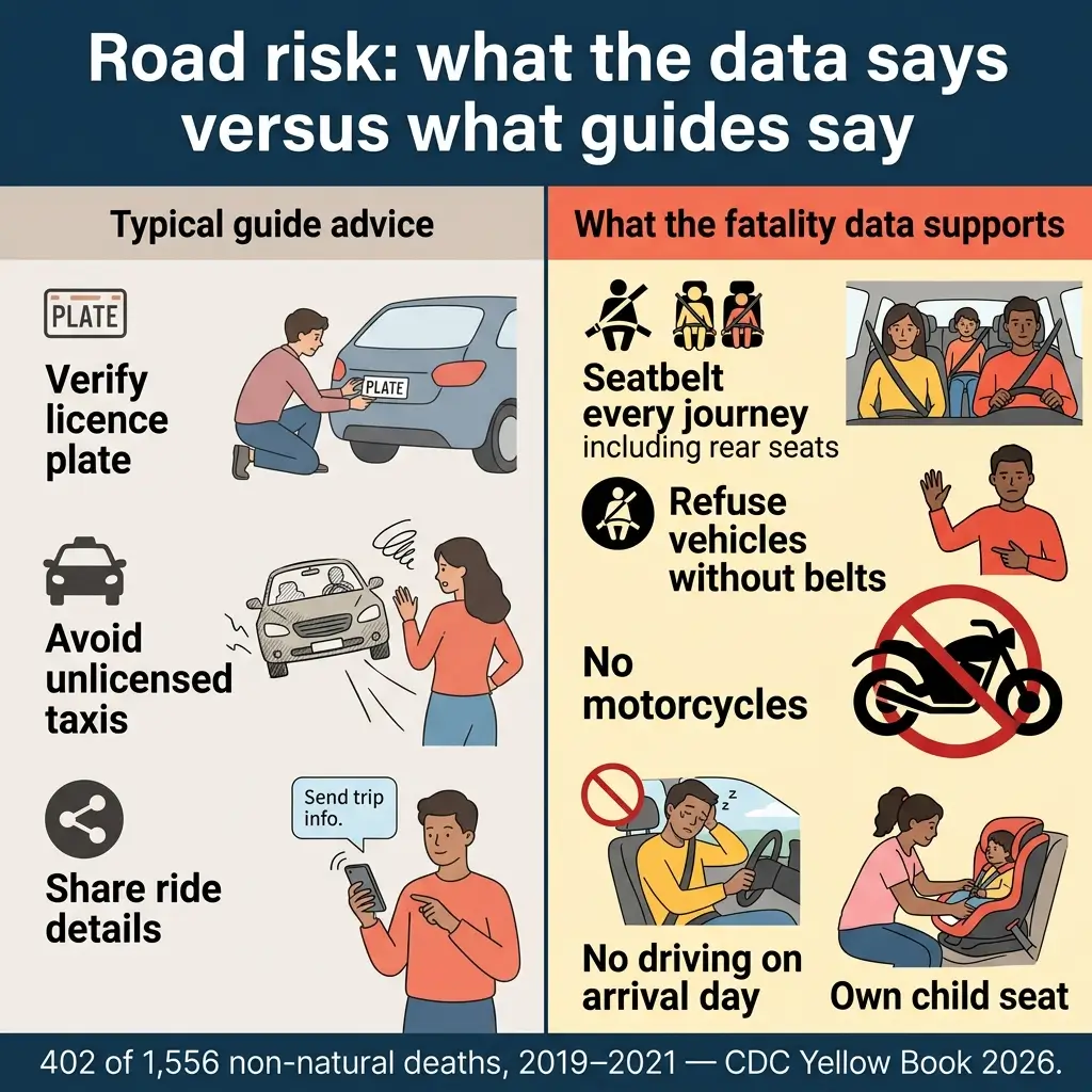 Infographic comparing travel safety guide advice versus fatality data, showing seatbelt use, vehicle refusal, motorcycle avoidance, drowsy driving prevention, and child car seats as evidence-based road safety measures.