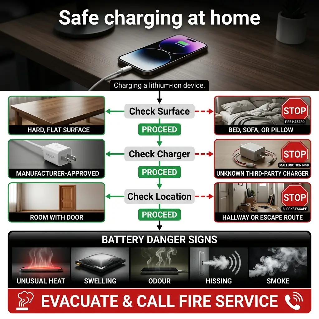 Infographic showing safe lithium-ion device charging at home, with decision trees for checking surface, charger, and location, plus warning signs like heat, swelling, odor, hissing, and smoke requiring evacuation.