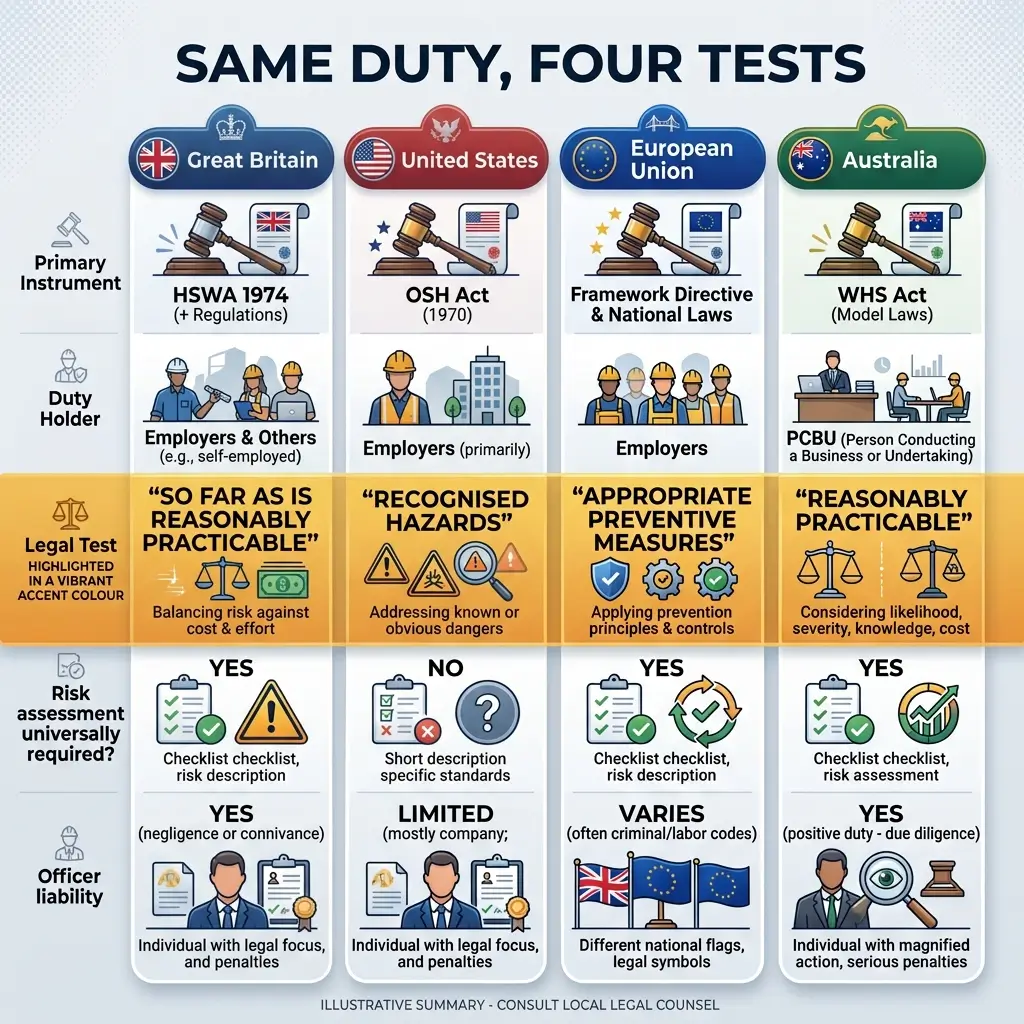 Comparison chart of occupational health and safety duty of care laws across Great Britain, United States, European Union, and Australia, showing primary instruments, duty holders, legal tests, risk assessment requirements, and officer liability.