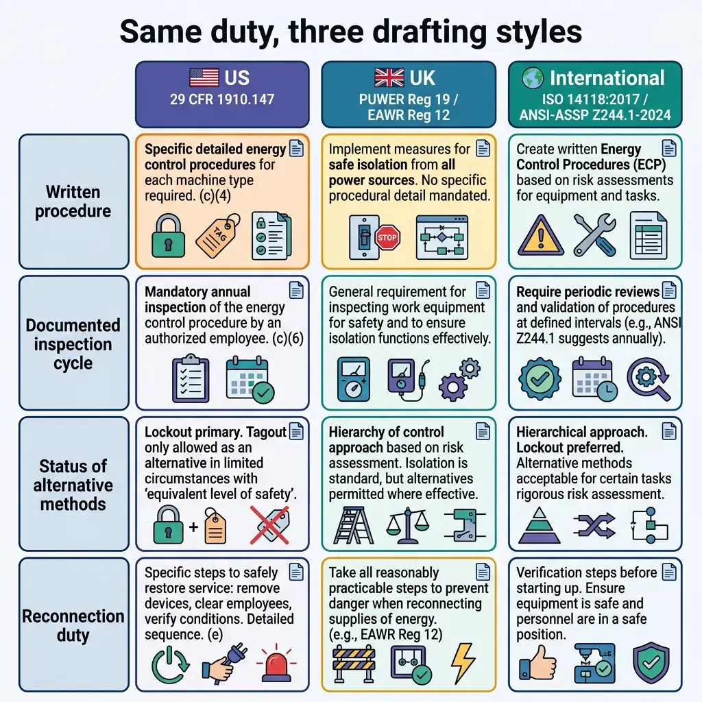 Comparison table showing energy control procedure requirements across US, UK, and International standards, with rows covering written procedures, inspection cycles, alternative methods, and reconnection duties.