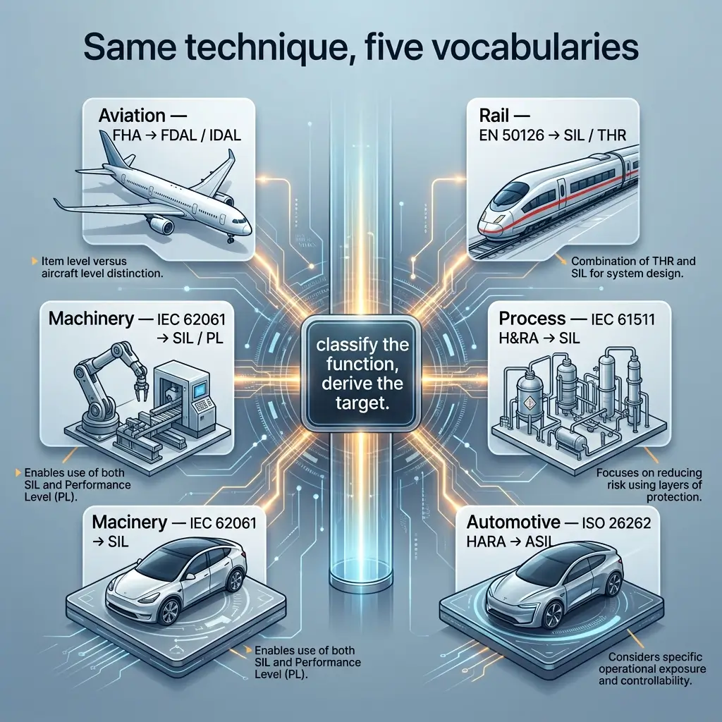 A diagram showing five industry vocabularies using the same functional safety technique: Aviation, Rail, Machinery, Process, and Automotive, each with their respective standards and SIL/PL classifications centered around classifying functions and deriving targets.