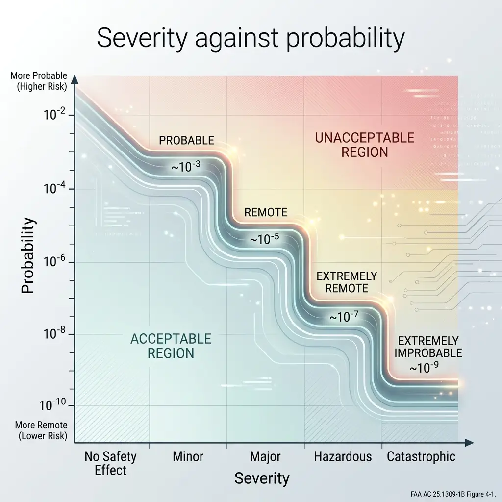 Risk assessment matrix displaying the relationship between hazard severity and probability, showing acceptable, probable, remote, and unacceptable risk regions with contour lines indicating risk levels from 10^-2 to 10^-10.