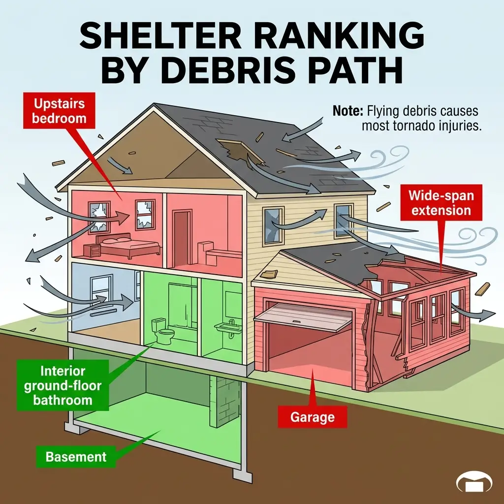 Diagram showing shelter ranking by debris path during tornadoes, highlighting safest locations including basement, interior ground-floor bathroom, and upstairs bedroom, with arrows indicating wind and debris flow patterns through house sections.