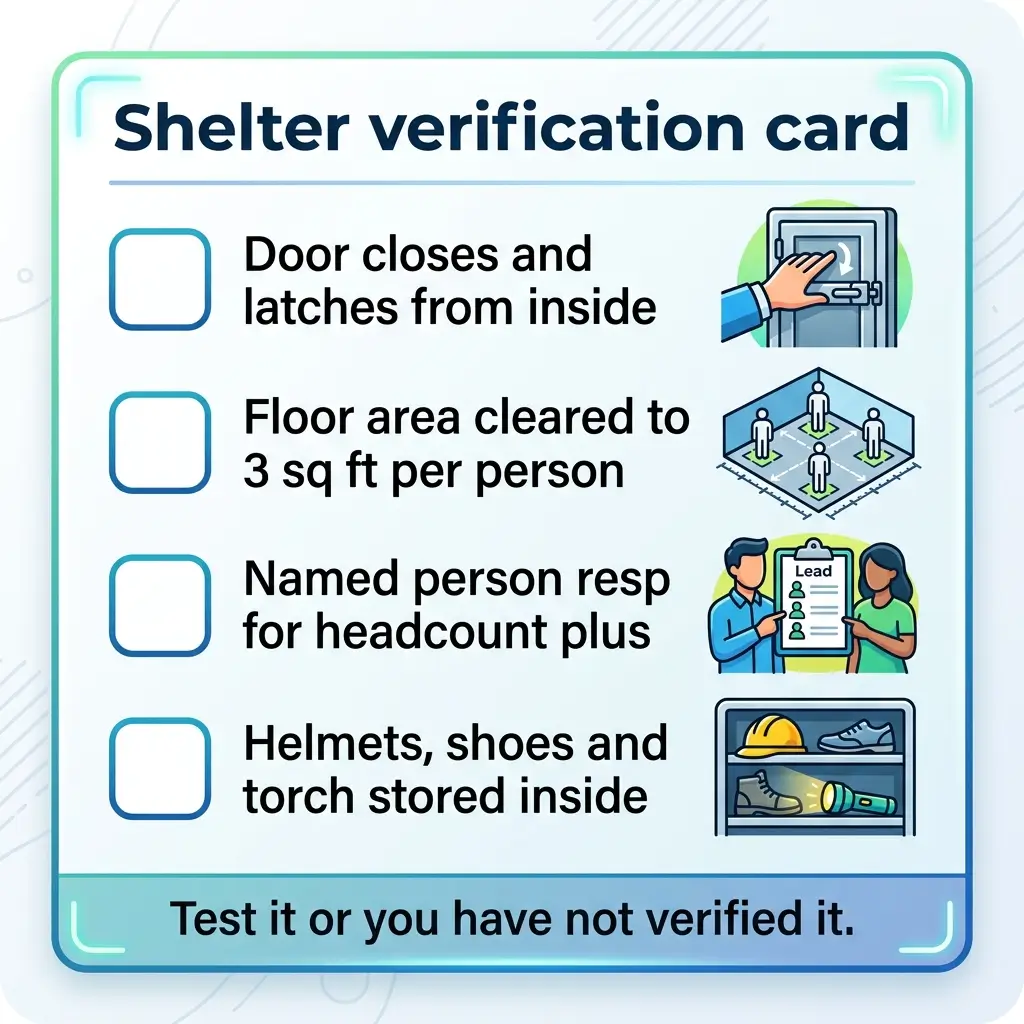 Shelter verification card with four checkbox requirements: door closes and latches from inside, floor area cleared to 3 sq ft per person, named person responsible for headcount, and helmets shoes torch stored inside.