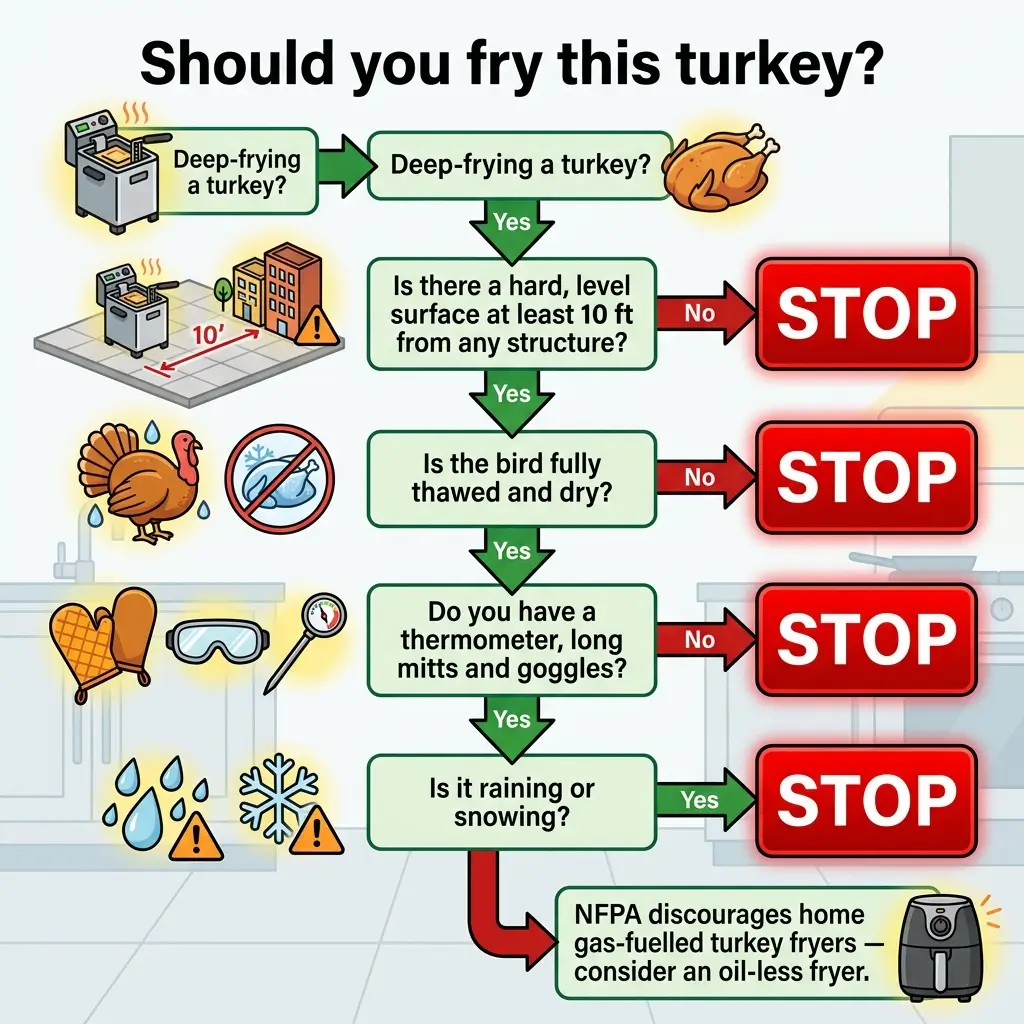 Flowchart showing safety requirements for deep-frying turkey, including clearance from structures, thawing the bird, having protective equipment, and checking weather conditions before cooking.