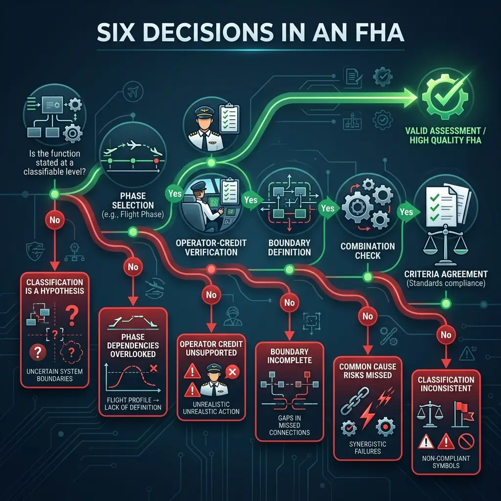 Flowchart showing six critical decision points in Functional Hazard Analysis, progressing from phase selection through operator verification, boundary definition, combination checks, and criteria agreement to achieve valid FHA assessment.