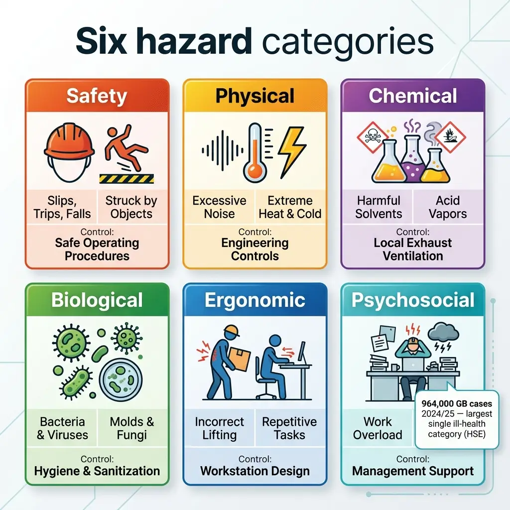 Infographic showing six workplace hazard categories: Safety, Physical, Chemical, Biological, Ergonomic, and Psychosocial, each with icons, examples, and control measures for occupational health and safety.