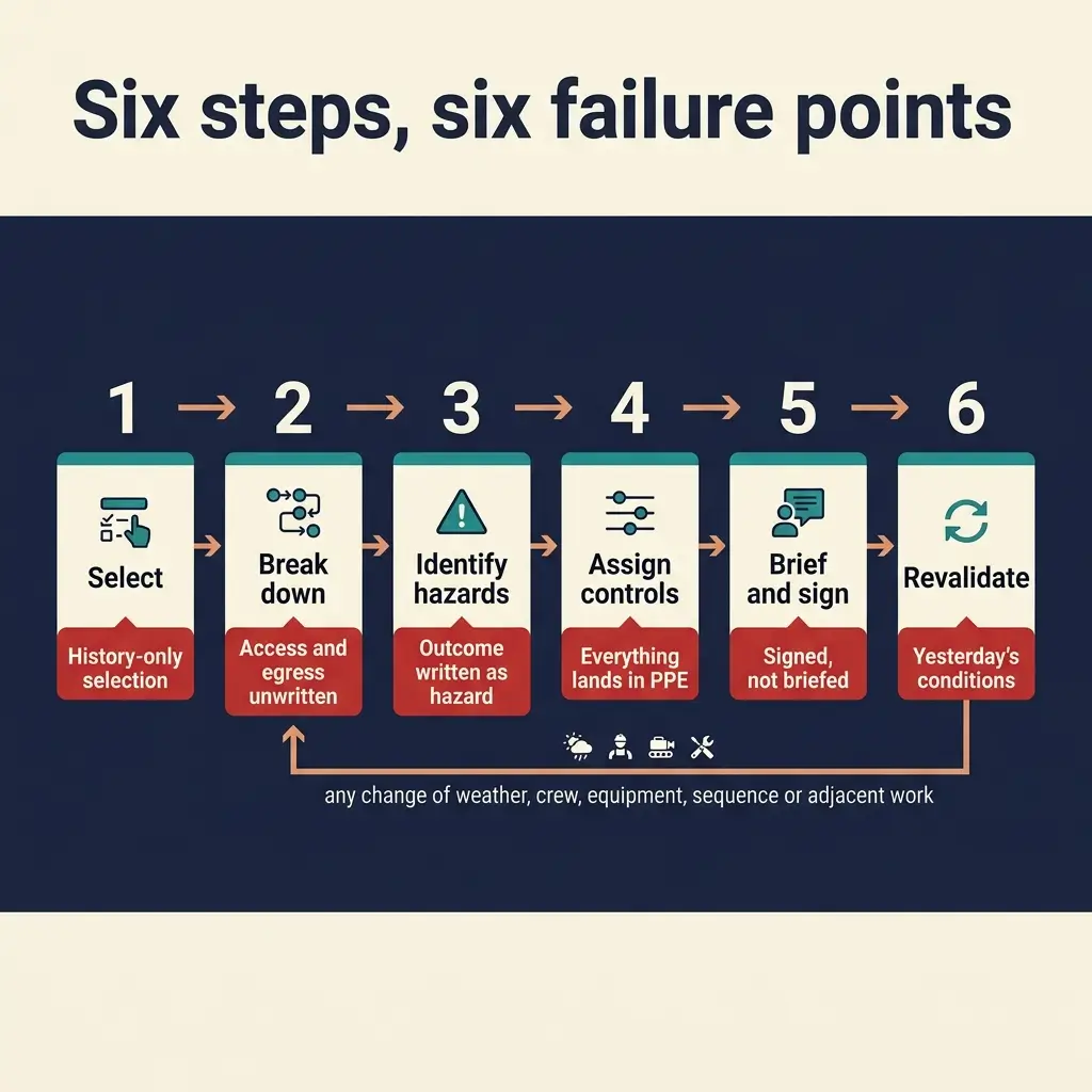 Infographic showing six sequential steps of a safety planning process, each with a failure point: select, break down, identify hazards, assign controls, brief and sign, and revalidate, with triggers for restarting the process.