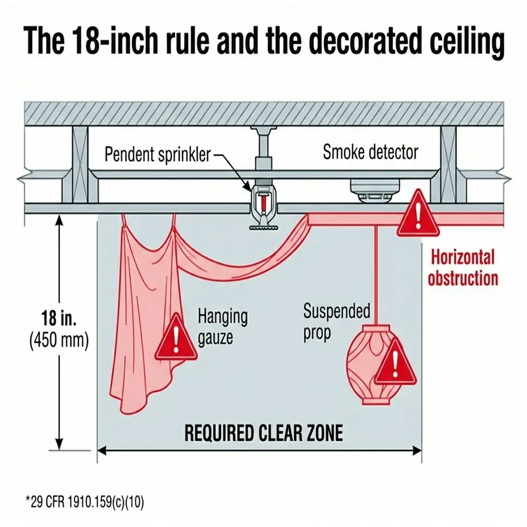 Diagram illustrating the 18-inch rule for decorated ceilings, showing required clear zones around sprinklers and smoke detectors to prevent obstruction from hanging gauze, props, and decorations.