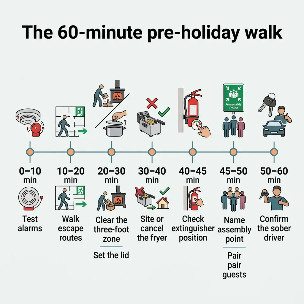 Timeline infographic showing a 60-minute pre-holiday safety checklist with 7 steps: test alarms, walk escape routes, clear three-foot zones, disable fryer, check fire extinguisher, confirm assembly point, and verify sober driver.