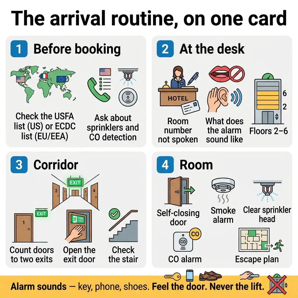 Infographic showing a four-step hotel arrival safety checklist including booking verification, front desk procedures, corridor safety checks, and room safety features like smoke and CO alarms.